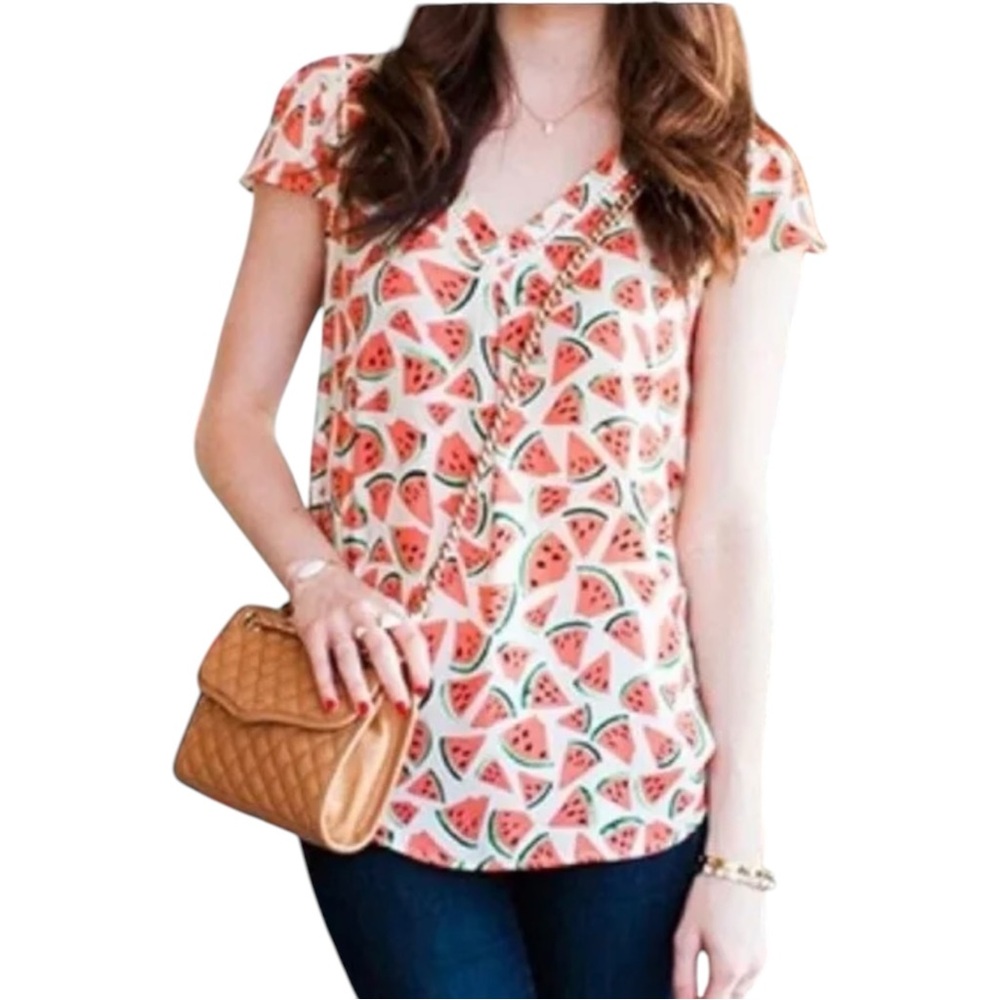 Anthropologie Maeve Picnic‎ Days Watermelon Print Flutter Sleeve Top 6